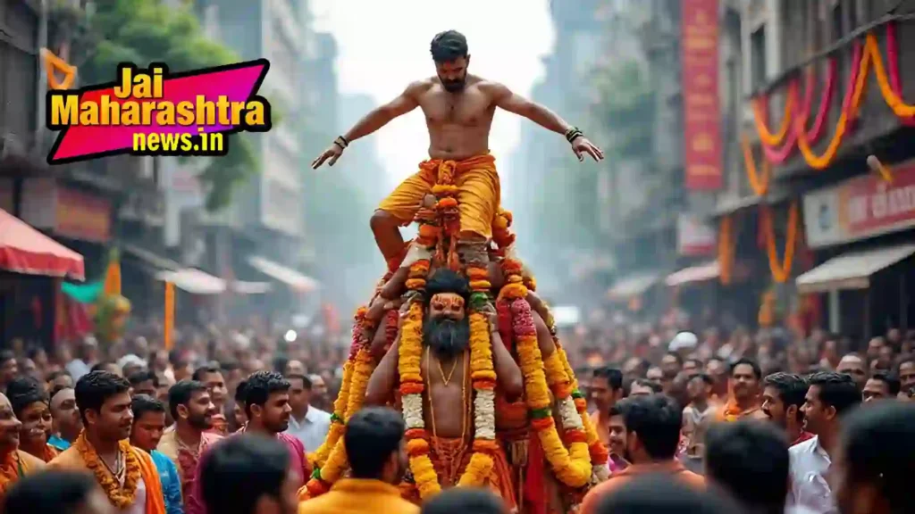 Dahi Handi 2025 मध्ये मुंबईतील गोविंदा पथक उंच थर रचून दहीहंडी फोडताना